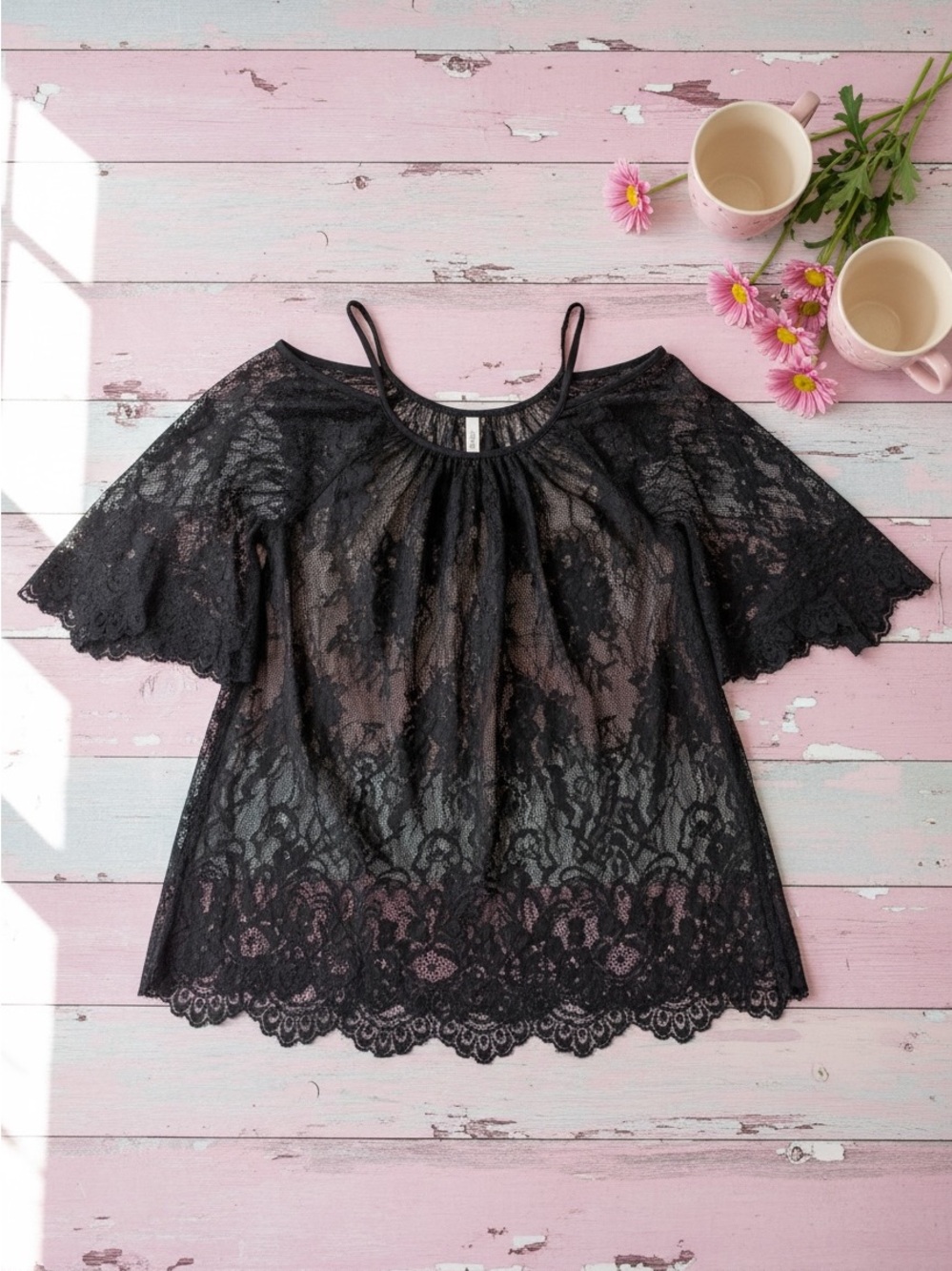 Black lace, cold shoulder, cut out tunic top